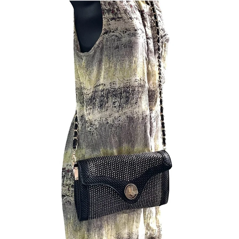 Urban Expressions Woven Vegan Black Leather and Straw Crossbody Wristlet Clutch